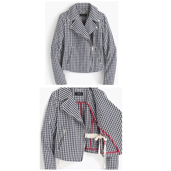 J.Crew Gingham Motorcycle Crop Jacket Womens Size 4 Linen Biker Cottage Preppy - Picture 2 of 16